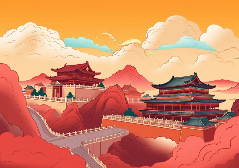 中国风主题元素祥云宫殿城墙手绘壁纸,插画/手绘图,插画/手绘图库,插画/手绘图下载,插画/手绘